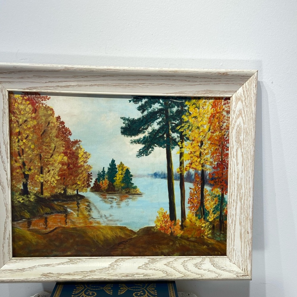 Original Oil Painting Fall Scene Island on Lake